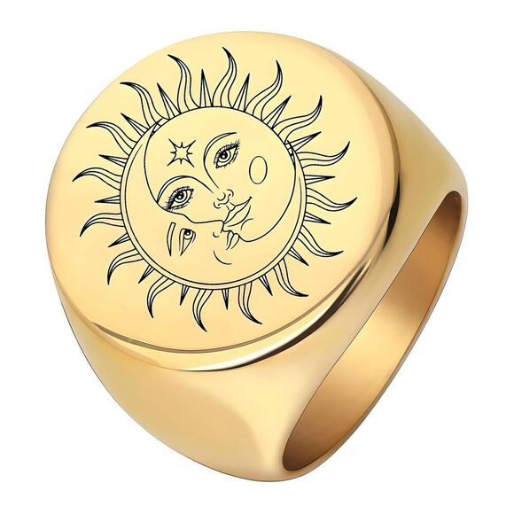 18K Gold Plated Women's Moon Kisses Sun Etch Statement Ring Size 8 Waterproof - Picture 1 of 10